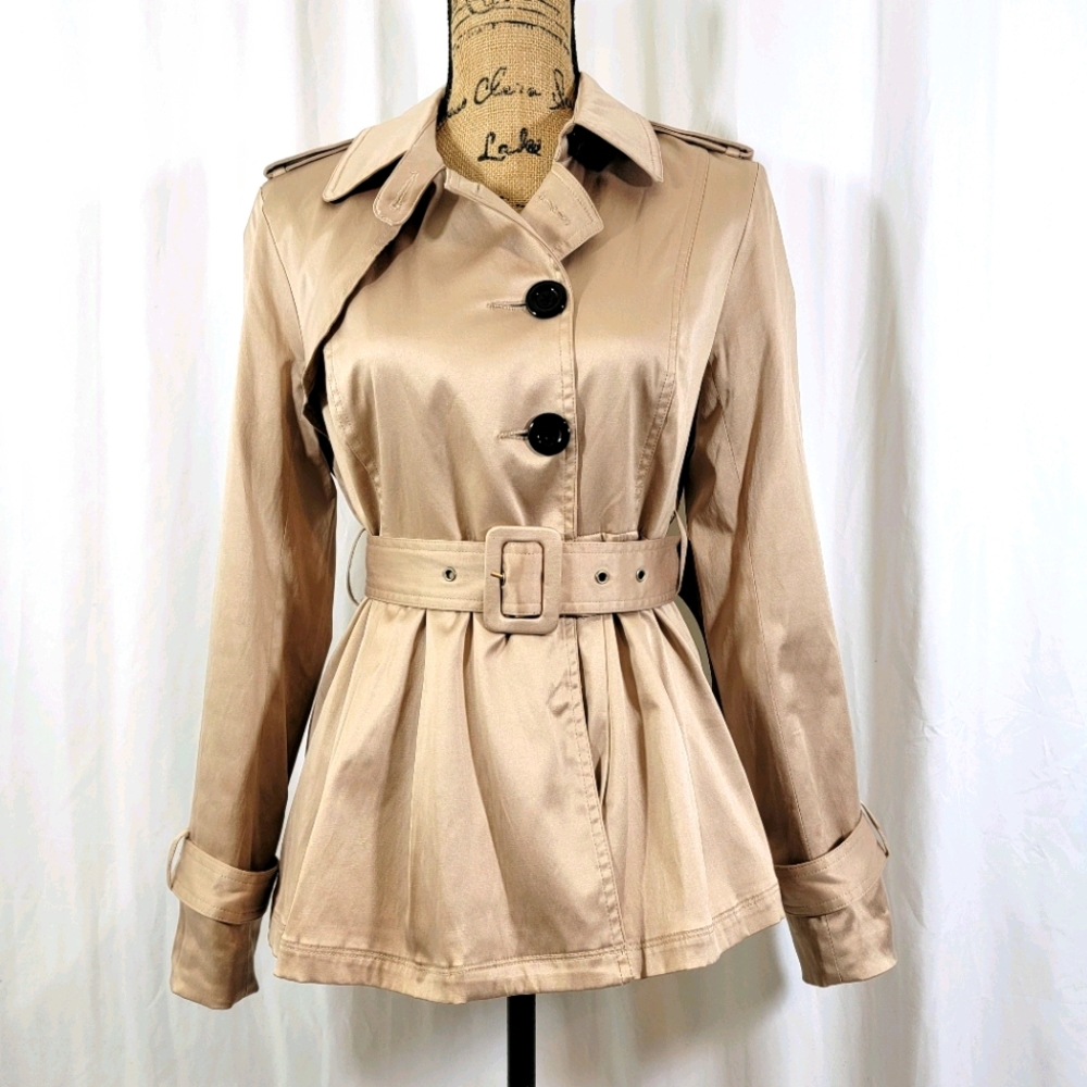 Twenty One Satin Khaki Short Peplum Trench Coat M - Picture 1 of 16